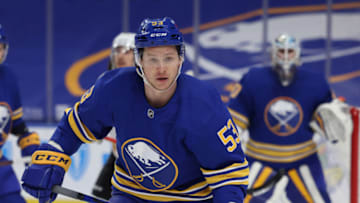 Mar 13, 2021; Buffalo, New York, USA; Buffalo Sabres left wing Jeff Skinner (53) looks for the puck during the first period against the Pittsburgh Penguins at KeyBank Center. Mandatory Credit: Timothy T. Ludwig-USA TODAY Sports