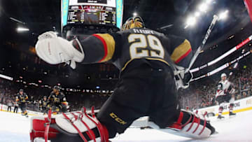 LAS VEGAS, NV - OCTOBER 10: Marc-Andre Fleury #29 of the Vegas Golden Knights tends net against the Arizona Coyotes during the Golden Knights' inaugural regular-season home opener at T-Mobile Arena on October 10, 2017 in Las Vegas, Nevada. The Golden Knights defeated the Coyotes 5-2. (Photo by Bruce Bennett/Getty Images)