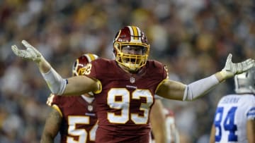 Dec 7, 2015; Landover, MD, USA; Washington Redskins outside linebacker Trent Murphy (93) reacts after sacking Dallas Cowboys quarterback Matt Cassel (16) (not pictured) during the second quarter at FedEx Field. Mandatory Credit: Tommy Gilligan-USA TODAY Sports
