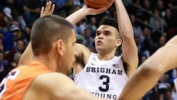 Jan 7, 2017; Provo, UT, USA; Brigham Young Cougars guard Elijah Bryant (3) shoots the ball against the Pacific Tigers during the second half at Marriott Center. Brigham Young Cougars won the game 91-62. Mandatory Credit: Chris Nicoll-USA TODAY Sports