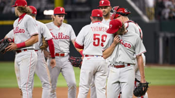 Mar 30, 2023; Arlington, Texas, USA; Philadelphia Phillies starting pitcher Aaron Nola (27) leaves the game against the Texas Rangers during the fourth inning at Globe Life Field. Mandatory Credit: Jerome Miron-USA TODAY Sports