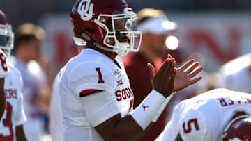 LOS ANGELES, CALIFORNIA - SEPTEMBER 14: Jalen Hurts #1 of the Oklahoma Sooners warms up prior to a game against the UCLA Bruins at the Rose Bowl on September 14, 2019 in Los Angeles, California. (Photo by Sean M. Haffey/Getty Images)