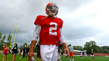 Jul 28, 2014; Berea, OH, USA; Cleveland Browns quarterback Johnny Manziel (2) walks off the field during training camp at Cleveland Browns training facility. Mandatory Credit: Andrew Weber-USA TODAY Sports