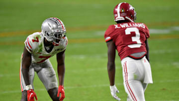 MIAMI GARDENS, FLORIDA - JANUARY 11: Sevyn Banks #7 of the Ohio State Buckeyes lines up against Xavier Williams #3 of the Alabama Crimson Tide during the College Football Playoff National Championship football game at Hard Rock Stadium on January 11, 2021 in Miami Gardens, Florida. The Alabama Crimson Tide defeated the Ohio State Buckeyes 52-24. (Photo by Alika Jenner/Getty Images)