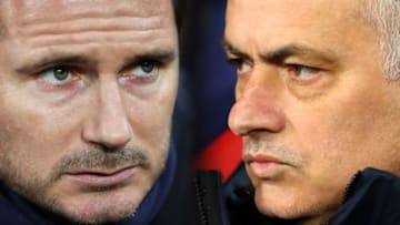 FILE PHOTO (EDITORS NOTE: COMPOSITE OF IMAGES - Image numbers 1200362670, 1211629361 - GRADIENT ADDED) In this composite image a comparison has been made between Frank Lampard, Manager of Chelsea (L) and Jose Mourinho, Manager of Tottenham Hotspur. (Photo by Ian MacNicol/Getty Images) ***RIGHT IMAGE (Photo by Martin Rose/Bongarts/Getty Images)