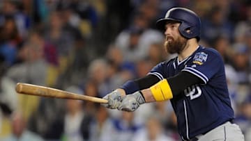 September 2, 2016; Los Angeles, CA, USA; San Diego Padres catcher Derek Norris (3) hits a two run RBI double in the sixth inning against the Los Angeles Dodgers at Dodger Stadium. Mandatory Credit: Gary A. Vasquez-USA TODAY Sports