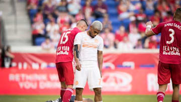 HARRISON, NJ - MAY 19: Josef Martinez #7 of Atlanta United looks dejected after missing a shot on goal while Luis Robles #31 of New York Red Bulls holds the ball during the MLS match between Atlanta United FC and New York Red Bulls at Red Bull Arena on May 19 2019 in Harrison, NJ, USA. The New York Red Bulls won the match with a score of 1 to 0. (Photo by Ira L. Black/Corbis via Getty Images)