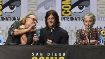 SAN DIEGO, CA - JULY 21: (L-R) Producer/director Greg Nicotero, actors Norman Reedus and Melissa McBride speak onstage at Comic-Con International 2017 AMC's "The Walking Dead" panel at San Diego Convention Center on July 21, 2017 in San Diego, California. (Photo by Kevin Winter/Getty Images)