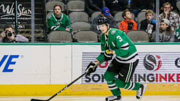 DALLAS, TX - JANUARY 25: Dallas Stars defenseman John Klingberg (3) skates with the puck during the game between the Dallas Stars and the Toronto Maple Leafs on Thursday 25, 2018 at the American Airlines Center in Dallas, Texas. Toronto defeats Dallas 4-1. (Photo by Matthew Pearce/Icon Sportswire via Getty Images)