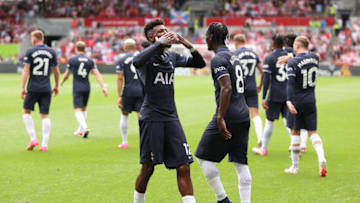 BRENTFORD, ENGLAND - AUGUST 13: Emerson Royal of Tottenham Hotspur celebrates after scoring the team's second goal during the Premier League match between Brentford FC and Tottenham Hotspur at Gtech Community Stadium on August 13, 2023 in Brentford, England. (Photo by Julian Finney/Getty Images)