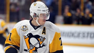 Oct 22, 2016; Nashville, TN, USA; Pittsburgh Penguins center Evgeni Malkin (71) skates during warmups prior to the game against the Nashville Predators at Bridgestone Arena. Mandatory Credit: Christopher Hanewinckel-USA TODAY Sports