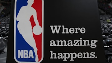SAN ANTONIO - APRIL 18: The NBA logo after a game between the Dallas Mavericks and the San Antonio Spurs in Game One of the Western Conference Quarterfinals during the 2009 NBA Playoffs at AT