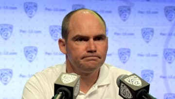 Jul 14, 2016; Hollywood, CA, USA; Oregon Ducks coach Mark Helfrich during Pac-12 media day at Hollywood & Highland. Mandatory Credit: Kirby Lee-USA TODAY Sports