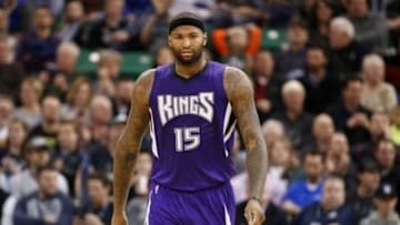 Jan 14, 2016; Salt Lake City, UT, USA; Sacramento Kings center DeMarcus Cousins (15) reacts in the fourth quarter against the Utah Jazz at Vivint Smart Home Arena. The Sacramento Kings defeated Utah Jazz 103-101. Mandatory Credit: Jeff Swinger-USA TODAY Sports