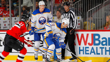 NEWARK, NEW JERSEY - OCTOBER 23: Jacob Bryson #78 of the Buffalo Sabres in action against the New Jersey Devils at Prudential Center on October 23, 2021 in Newark, New Jersey. The Devils defeated the Sabres 2-1 in overtime. (Photo by Jim McIsaac/Getty Images)