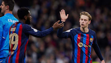 MADRID, SPAIN - 2023/03/02: (L-R) Franck Kessie and Frenkie de Jong of FC Barcelona celebrate after scoring a goal during the Spanish football King's Cup semifinal match between Real Madrid CF and Fc Barcelona at the Santiago Bernabeu Stadium.Final score; Real Madrid 0:1 FC Barcelona. (Photo by Ruben Albarran/SOPA Images/LightRocket via Getty Images)
