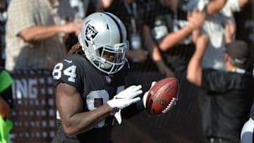 OAKLAND, CA - OCTOBER 15: Cordarrelle Patterson #84 of the Oakland Raiders celebrates after a 47-yard touchdown against the Los Angeles Chargers during their NFL game at Oakland-Alameda County Coliseum on October 15, 2017 in Oakland, California. (Photo by Don Feria/Getty Images)