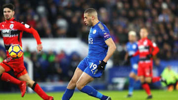 LEICESTER, ENGLAND - JANUARY 01: Islam Slimani of Leicester City scores his team's second goal during the Premier League match between Leicester City and Huddersfield Town at The King Power Stadium on January 1, 2018 in Leicester, England. (Photo by Clive Mason/Getty Images)