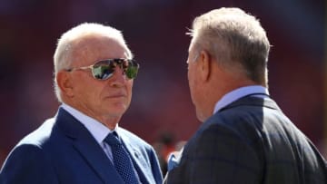SANTA CLARA, CA - OCTOBER 22: (L) Dallas Cowboys owner Jerry Jones stands on the field prior to their NFL game against the San Francisco 49ers at Levi's Stadium on October 22, 2017 in Santa Clara, California. (Photo by Ezra Shaw/Getty Images)