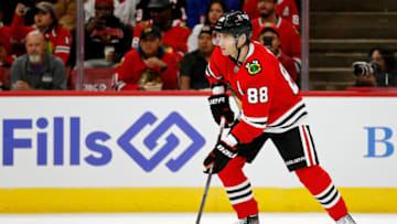 Sep 27, 2022; Chicago, Illinois, USA; Chicago Blackhawks right wing Patrick Kane (88) skates with the puck against the St. Louis Blues during the first period at United Center. Mandatory Credit: Jon Durr-USA TODAY Sports
