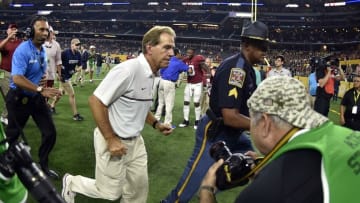 Sep 3, 2016; Arlington, TX, USA; Alabama Crimson Tide head coach Nick Saben after the game against the USC Trojans at AT&T Stadium. Mandatory Credit: Jerome Miron-USA TODAY Sports