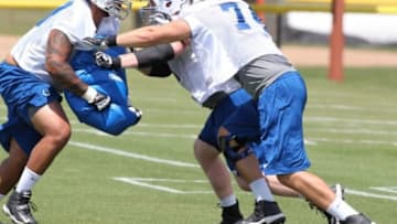 Jul 24, 2014; Anderson, IN, USA; Indianapolis Colts offensive tackle Anthony Castonzo (74) goes through blocking drills during training camp at Anderson University. Mandatory Credit: Brian Spurlock-USA TODAY Sports