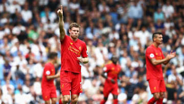 LONDON, ENGLAND - AUGUST 27: James Milner of Liverpool celebrates scoring his sides first goal during the Premier League match between Tottenham Hotspur and Liverpool at White Hart Lane on August 27, 2016 in London, England. (Photo by Jan Kruger/Getty Images)