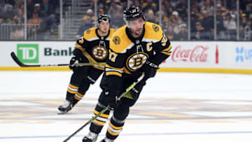 BOSTON, MASSACHUSETTS - NOVEMBER 09: Patrice Bergeron #37 of the Boston Bruins skates against the Ottawa Senators during the first period at TD Garden on November 09, 2021 in Boston, Massachusetts. (Photo by Maddie Meyer/Getty Images)