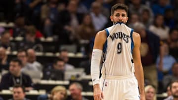 Nov 30, 2016; Minneapolis, MN, USA; Minnesota Timberwolves guard Ricky Rubio (9) looks on during the fourth quarter against the New York Knicks at Target Center. The Knicks defeated the Timberwolves 106-104. Mandatory Credit: Brace Hemmelgarn-USA TODAY Sports
