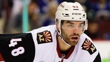 Oct 3, 2016; Vancouver, British Columbia, CAN; Arizona Coyotes forward Jordan Martinook (48) awaits the puck drop against the Vancouver Canucks during the first period during a preseason hockey game at Rogers Arena. The Arizona Coyotes won 4-2. Mandatory Credit: Anne-Marie Sorvin-USA TODAY Sports