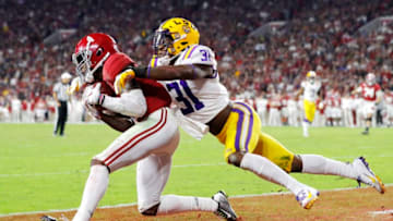 TUSCALOOSA, ALABAMA - NOVEMBER 09: Jerry Jeudy #4 of the Alabama Crimson Tide catches a touchdown pass against Cameron Lewis #31 of the LSU Tigers during the fourth quarter in the game at Bryant-Denny Stadium on November 09, 2019 in Tuscaloosa, Alabama. (Photo by Kevin C. Cox/Getty Images)