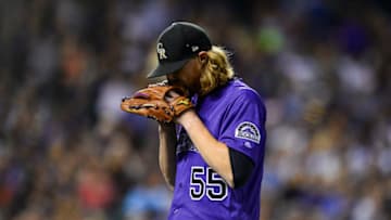DENVER, CO - AUGUST 10: Jon Gray #55 of the Colorado Rockies walks off the field after allowing four runs in five innings of a game against the Los Angeles Dodgers at Coors Field on August 10, 2018 in Denver, Colorado. (Photo by Dustin Bradford/Getty Images)