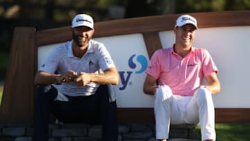 KAPALUA, HAWAII - JANUARY 07: Dustin Johnson and Justin Thomas of the United States laugh as they wait on the 18th tee during the first round of the Sentry Tournament Of Champions at the Kapalua Plantation Course on January 07, 2021 in Kapalua, Hawaii. (Photo by Gregory Shamus/Getty Images)