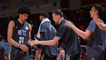 LAS VEGAS, NV - JULY 9: Jarrett Allen #31 of the Brooklyn Nets high fives teammates during the game against the Minnesota Timberwolves during the 2018 Las Vegas Summer League on July 9, 2018 at the Cox Pavilion in Las Vegas, Nevada. NOTE TO USER: User expressly acknowledges and agrees that, by downloading and/or using this photograph, user is consenting to the terms and conditions of the Getty Images License Agreement. Mandatory Copyright Notice: Copyright 2018 NBAE (Photo by Bart Young/NBAE via Getty Images)
