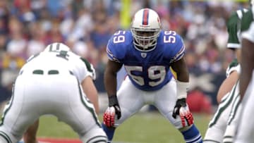 Buffalo Bills linebacker London Fletcher-Baker looks into the backfield prior to a play in a game against the New York Jets at Ralph Wilson Stadium in Orchard Park, New York on September 24, 2006. New York won the game 28-20. (Photo by Mark Konezny/NFLPhotoLibrary)