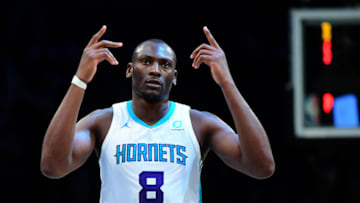 NEW YORK, NEW YORK - DECEMBER 11: Bismack Biyombo #8 of the Charlotte Hornets reacts during the second half of their game against the Brooklyn Nets at Barclays Center on December 11, 2019 in New York City. NOTE TO USER: User expressly acknowledges and agrees that, by downloading and or using this photograph, User is consenting to the terms and conditions of the Getty Images License Agreement. (Photo by Emilee Chinn/Getty Images)