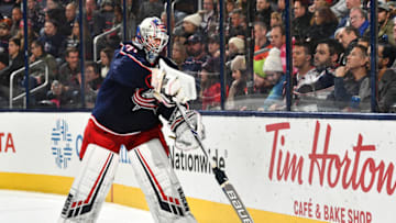 COLUMBUS, OH - NOVEMBER 10: Goaltender Joonas Korpisalo #70 of the Columbus Blue Jackets plays the puck behind the net during the second period of a game against the New York Rangers on November 10, 2018 at Nationwide Arena in Columbus, Ohio. (Photo by Jamie Sabau/NHLI via Getty Images)