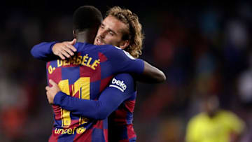 BARCELONA, SPAIN - SEPTEMBER 24: (L-R) Ousmane Dembele of FC Barcelona, Antoine Griezmann of FC Barcelona celebrates the victory during the La Liga Santander match between FC Barcelona v Villarreal at the Camp Nou on September 24, 2019 in Barcelona Spain (Photo by Rico Brouwer/Soccrates/Getty Images)