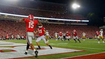 ATHENS, GEORGIA - SEPTEMBER 21: Lawrence Cager #15 of the Georgia Bulldogs celebrates his fourth quarter touchdown while playing the Notre Dame Fighting Irish at Sanford Stadium on September 21, 2019 in Athens, Georgia. (Photo by Kevin C. Cox/Getty Images)