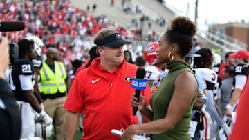 NASHVILLE, TENNESSEE - OCTOBER 14: Kirby Smart of the Georgia Bulldogs talks to CBS after a win against the Vanderbilt Commodores in the first half at FirstBank Stadium on October 14, 2023 in Nashville, Tennessee. (Photo by Carly Mackler/Getty Images)