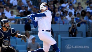 LOS ANGELES, CA - AUGUST 25: Joc Pederson #31 of the Los Angeles Dodgers hits a solo home run in the first inning of the game against the New York Yankees at Dodger Stadium on August 25, 2019 in Los Angeles, California. Teams are wearing special color schemed uniforms with players choosing nicknames to display for Players' Weekend. (Photo by Jayne Kamin-Oncea/Getty Images)