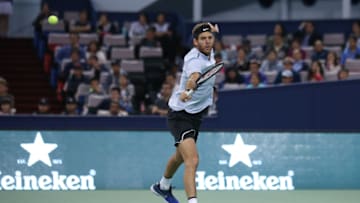 SHANGHAI, CHINA - OCTOBER 14: Juan Martin del Potro of Argentina returns a shot during the Men's singles Semifinal mach against Roger Federer of Switzerland on day seven of 2017 ATP Shanghai Rolex Masters at Qizhong Stadium on October 14, 2017 in Shanghai, China. (Photo by Lintao Zhang/Getty Images)