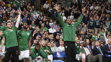 BOSTON, MA - JANUARY 31: Shane Larkin #8 Semi Ojeleye #37 and Guerschon Yabusele #30 of the Boston Celtics react during the game against the New York Knicks on January 31, 2018 at the TD Garden in Boston, Massachusetts. NOTE TO USER: User expressly acknowledges and agrees that, by downloading and or using this photograph, User is consenting to the terms and conditions of the Getty Images License Agreement. Mandatory Copyright Notice: Copyright 2018 NBAE (Photo by Brian Babineau/NBAE via Getty Images)