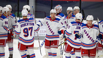 TRAVERSE CITY, MI - SEPTEMBER 10: The the New York Rangers celebrate a win over the the St. Louis Blues during Day-5 of the NHL Prospects Tournament at Centre Ice Arena on September 10, 2019 in Traverse City, Michigan. (Photo by Dave Reginek/NHLI via Getty Images)