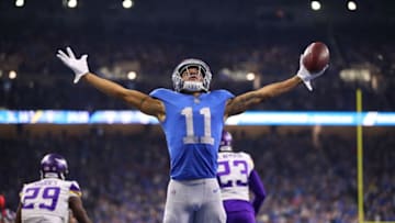 DETROIT, MI - NOVEMBER 23: Marvin Jones #11 of the Detroit Lions celebrates his fourth quarter touchdown against the Minnesota Vikings at Ford Field on November 23, 2017 in Detroit, Michigan. (Photo by Gregory Shamus/Getty Images)