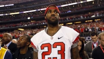 Jan 12, 2015; Arlington, TX, USA; Cleveland Cavaliers player LeBron James in attendance in the 2015 CFP National Championship Game between the Oregon Ducks and the Ohio State Buckeyes at AT&T Stadium. Mandatory Credit: Matthew Emmons-USA TODAY Sports