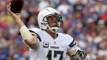 Sep 21, 2014; Orchard Park, NY, USA; San Diego Chargers quarterback Philip Rivers (17) throws a pass during the first half against the Buffalo Bills at Ralph Wilson Stadium. Mandatory Credit: Timothy T. Ludwig-USA TODAY Sports