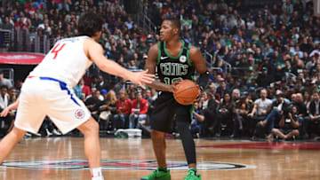 LOS ANGELES, CA - JANUARY 24: Terry Rozier#12 of the Boston Celtics handles the ball against the LA Clippers on January 24, 2018 at STAPLES Center in Los Angeles, California. NOTE TO USER: User expressly acknowledges and agrees that, by downloading and/or using this Photograph, user is consenting to the terms and conditions of the Getty Images License Agreement. Mandatory Copyright Notice: Copyright 2018 NBAE (Photo by Andrew D. Bernstein/NBAE via Getty Images)