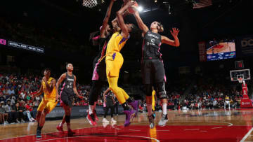 WASHINGTON, DC - AUGUST 27: Elena Delle Donne #11 of the Washington Mystics blocks the shot by Nneka Ogwumike #30 of the Los Angeles Sparks during the game on August 27, 2019 at the St. Elizabeths East Entertainment and Sports Arena in Washington, DC. NOTE TO USER: User expressly acknowledges and agrees that, by downloading and or using this photograph, User is consenting to the terms and conditions of the Getty Images License Agreement. Mandatory Copyright Notice: Copyright 2019 NBAE (Photo by Ned Dishman/NBAE via Getty Images)