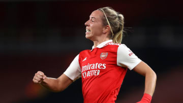 LONDON, ENGLAND - OCTOBER 27: Jordan Nobbs of Arsenal celebrates after scoring their side's first goal during the UEFA Women's Champions League group C match between Arsenal and FC Zürich at Emirates Stadium on October 27, 2022 in London, England. (Photo by Julian Finney/Getty Images)